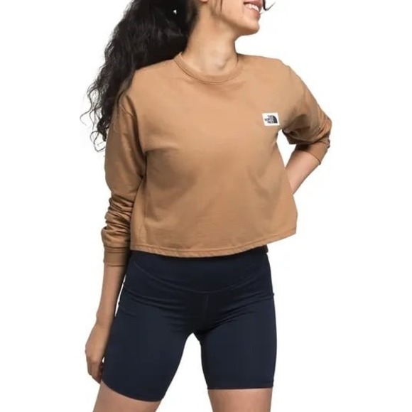 The North Face Tops - The North Face Womens Tan Brown Long Sleeve Crop Top Logo Patch Large